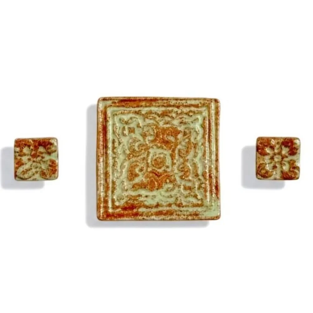 Hand Crafted Orange White Square Ceramic Stud Earrings and Pendant Signed AMI